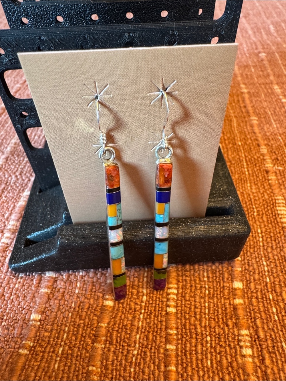 Multi-Color Stone Inlay Bar Drop Earrings - Women Jewelry - Picture 6 of 6